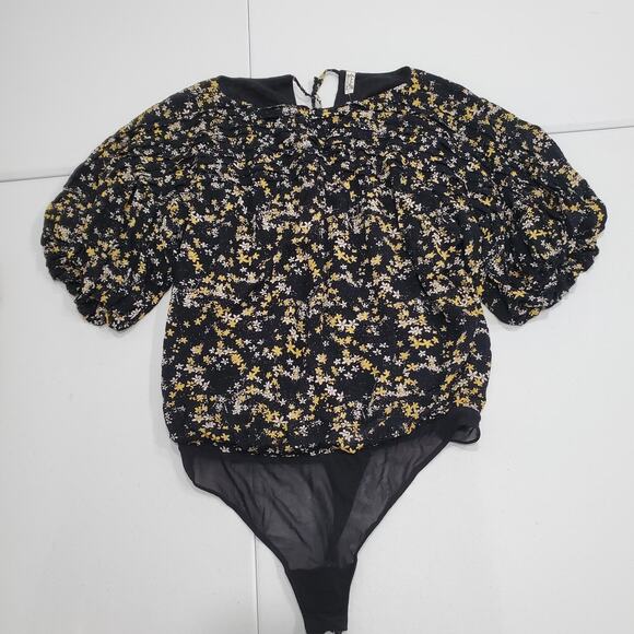 Intimately Free People Bodysuit Womens Large Black Floral Puff Sleeve Ruched - Picture 2 of 12